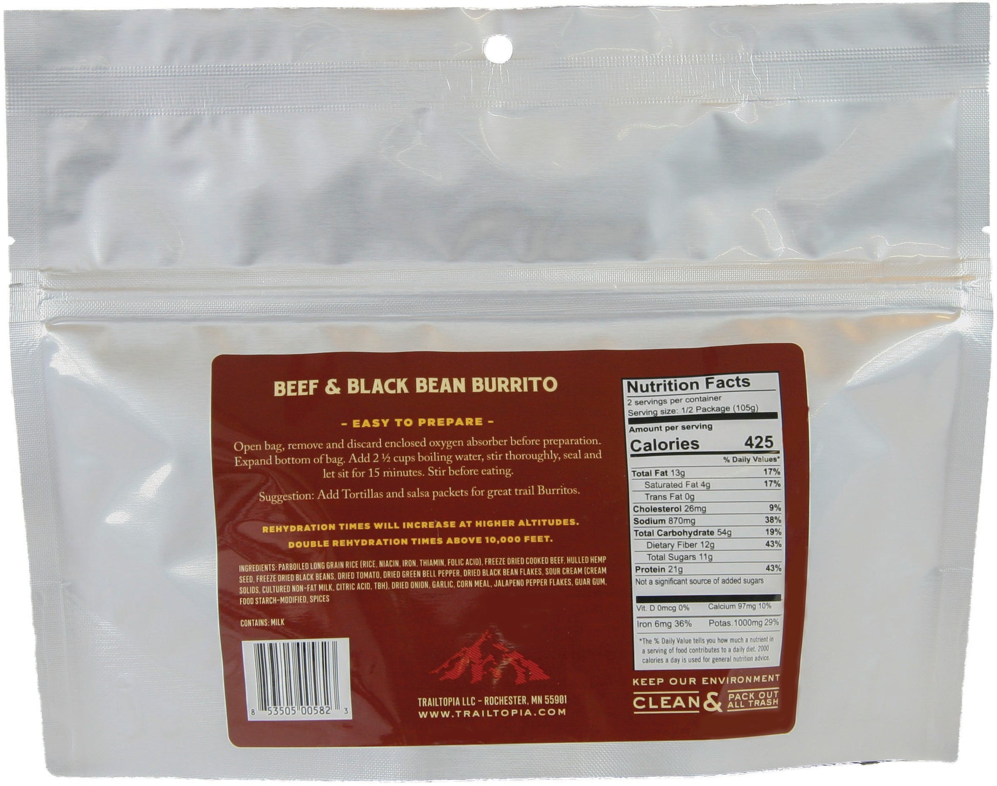 Trailtopia Beef and Black Bean Burrito GF - Delicious Gluten-Free Snack for Active Lifestyles