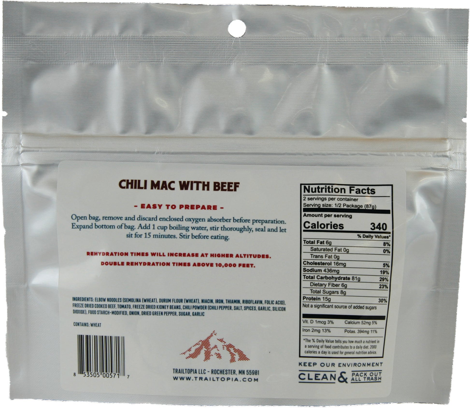 TRAILTOPIA Chili Mac With Beef Single Serve - Convenient Backpacking Meal