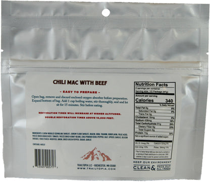 TRAILTOPIA Chili Mac With Beef Single Serve - Convenient Backpacking Meal