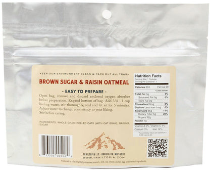 TRAILTOPIA Brown Sugar Raisin Oatmeal - 1.5 oz Packets for Convenient Nutrition