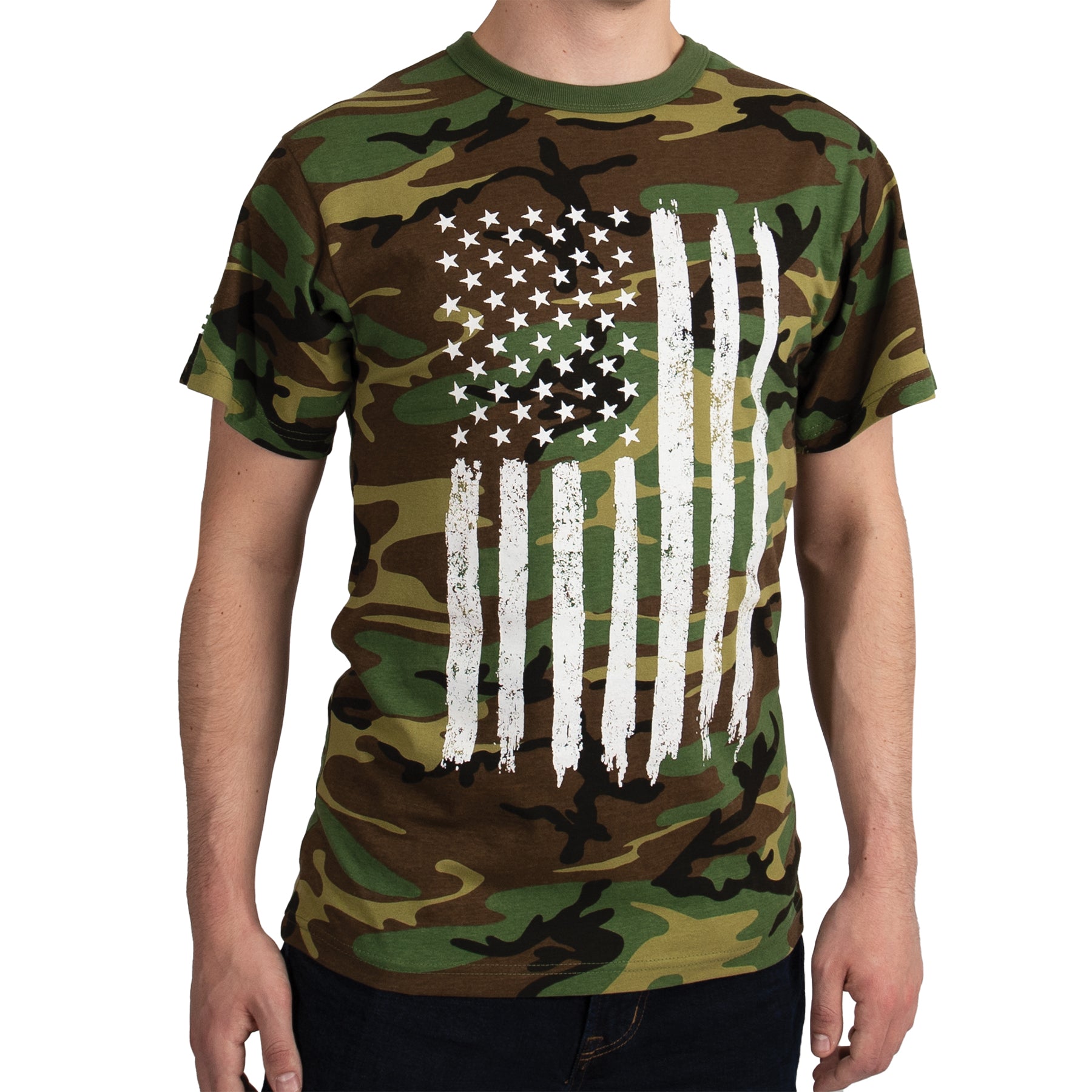 Rothco Camo US Flag T-Shirt in Woodland Camo, Size Large
