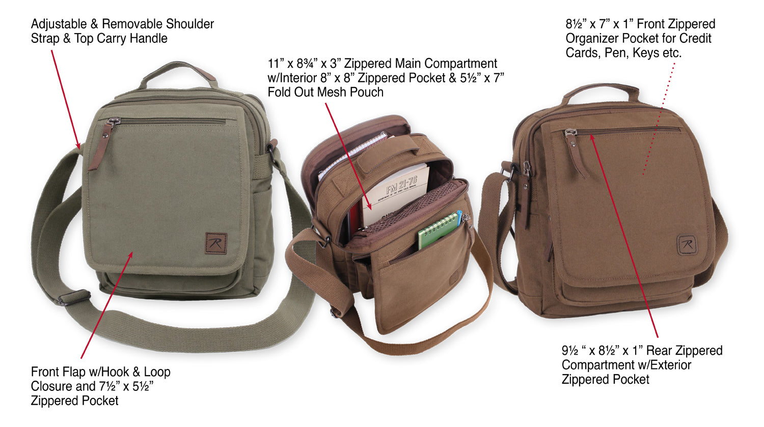 Rothco Every Day Work Shoulder Bag Brown - Military-Inspired Canvas Crossbody Bag with Multiple Pockets