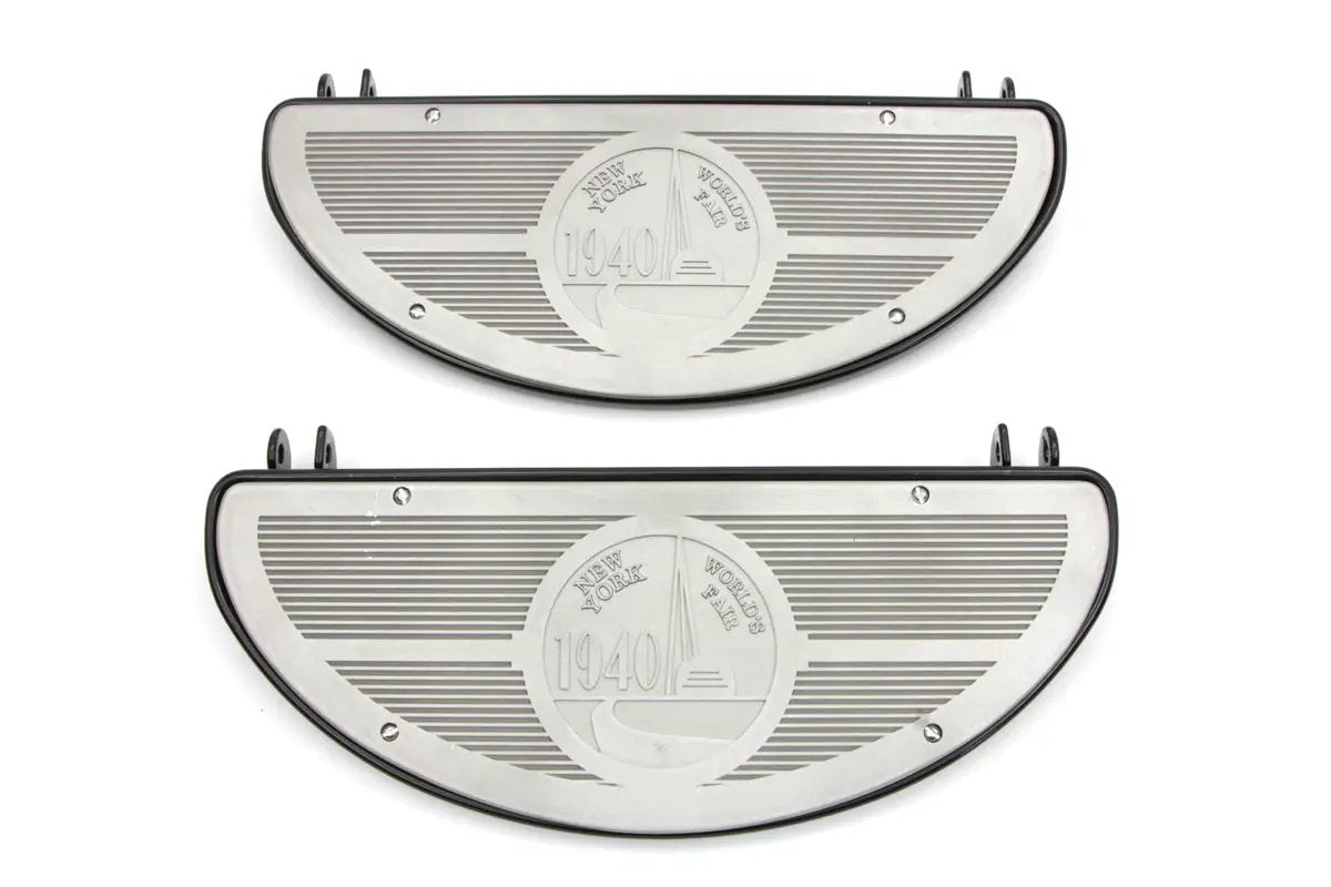 V-Twin Half Moon Footboard Set Black with Alloy 1940 World's Fair Inserts for Harley Davidson FL Models by V-Twin