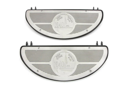 V-Twin Half Moon Footboard Set Black with Alloy 1940 World's Fair Inserts for Harley Davidson FL Models by V-Twin