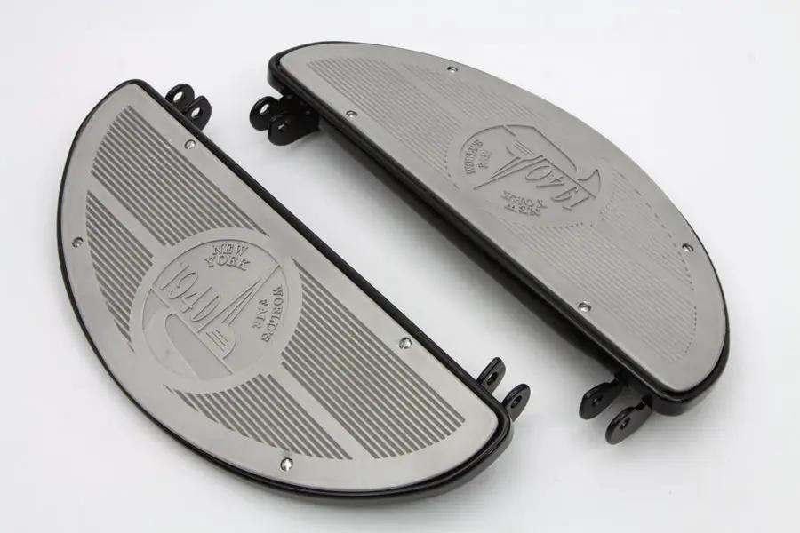 V-Twin Half Moon Footboard Set Black with Alloy 1940 World's Fair Inserts for Harley Davidson FL Models by V-Twin