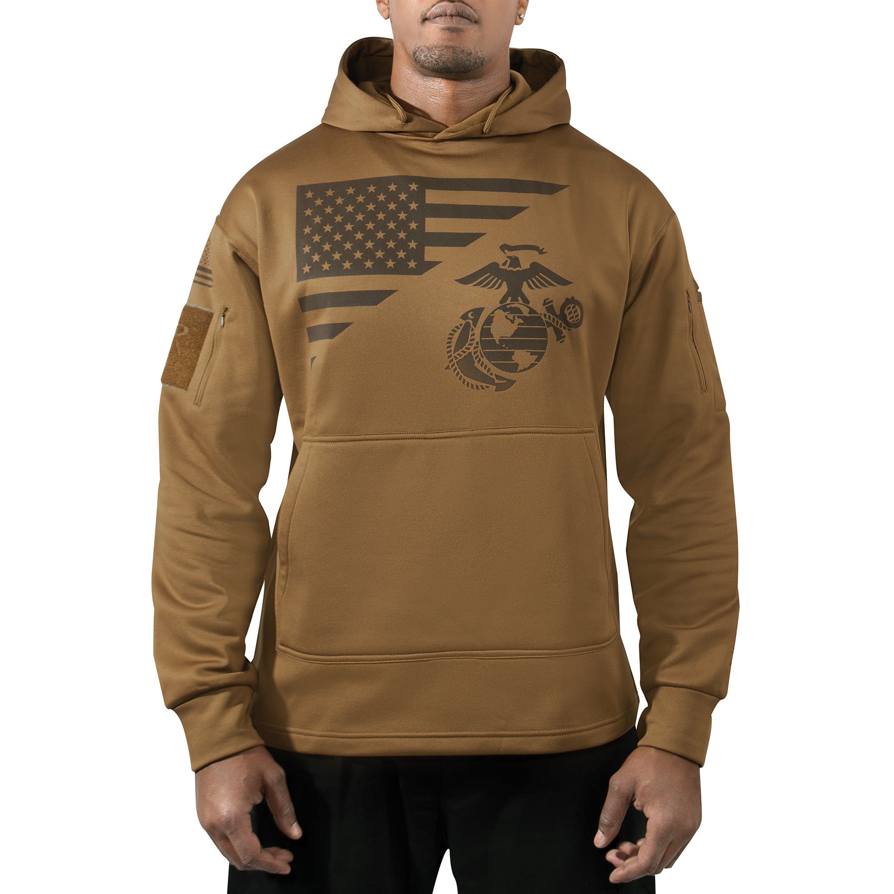 Rothco US Flag and USMC Eagle, Globe & Anchor Concealed Carry Hoodie in Coyote Brown, Size M
