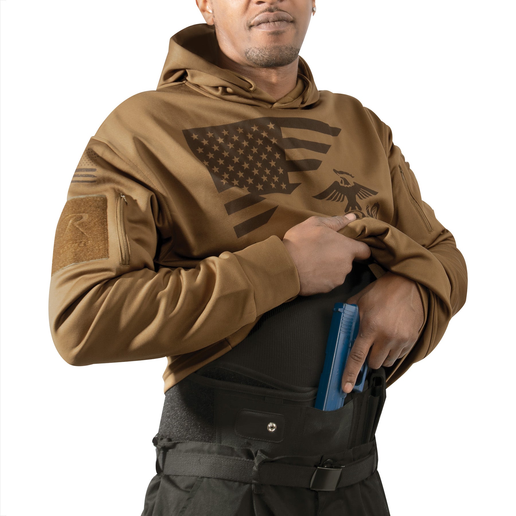 Rothco US Flag and USMC Eagle Concealed Carry Hoodie in Coyote Brown, Size Large