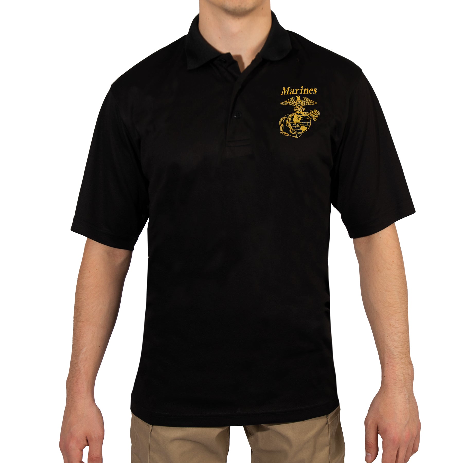 Rothco USMC Eagle, Globe & Anchor Moisture Wicking Polo Shirt - Black, XL