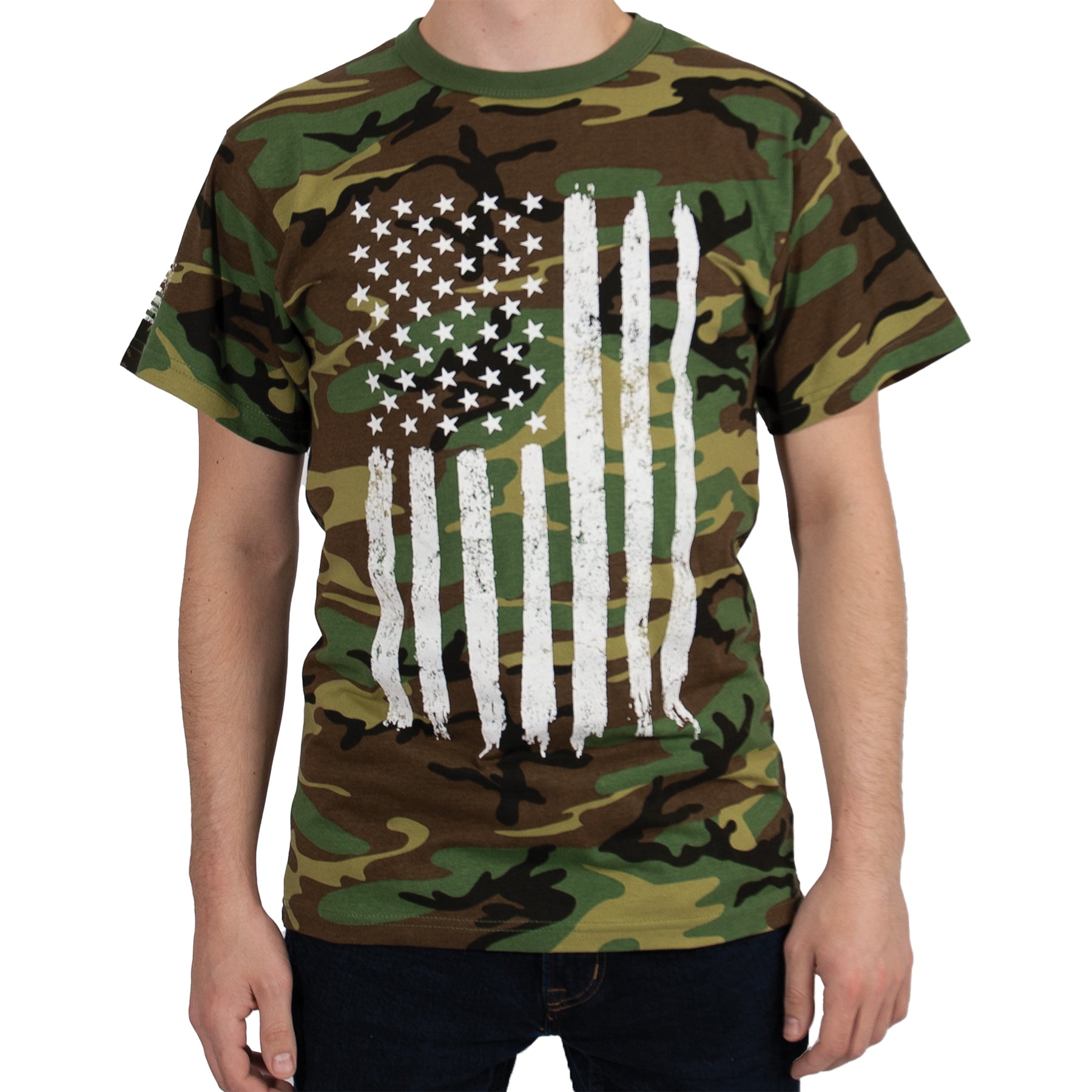 Rothco Camo US Flag T-Shirt in Woodland Camo, Size Small