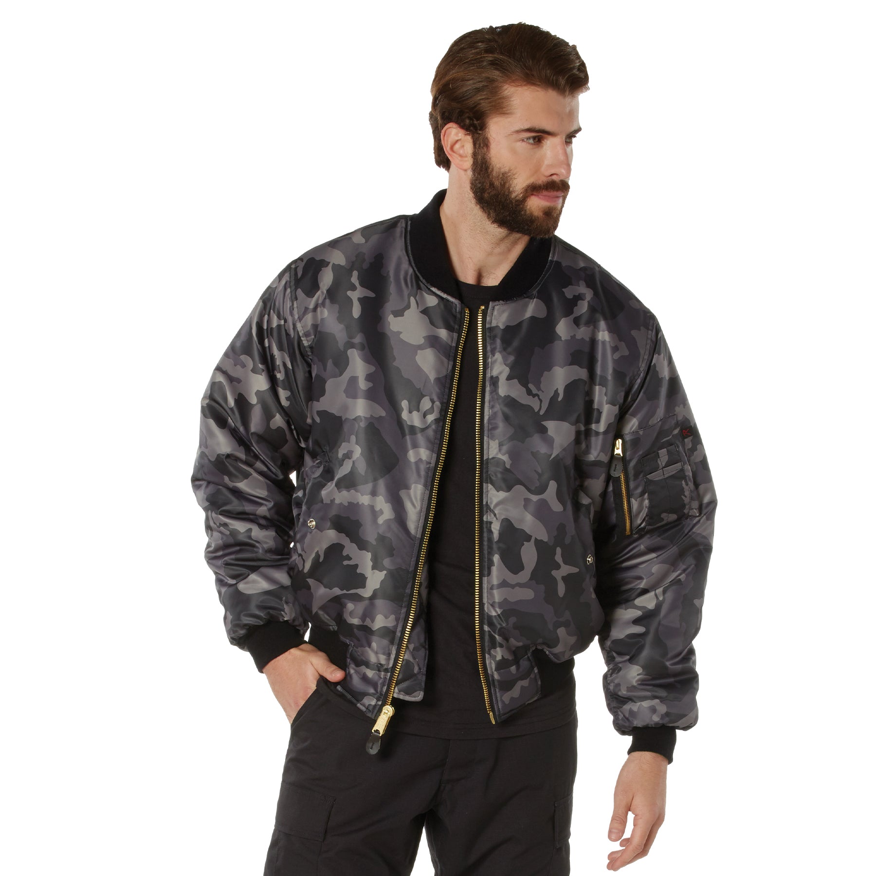 Rothco MA-1 Flight Jacket Black Camo Size XS – Classic Military Bomber with Reversible Orange Lining