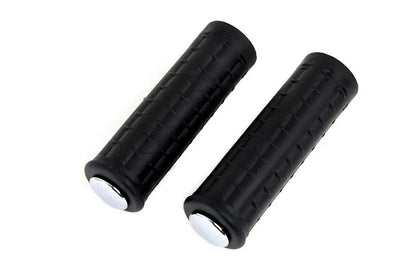 V-Twin Replica Black Waffle Handlebar Grip Set with Chrome Plugs for Harley Davidson by V-Twin