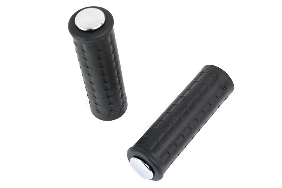 V-Twin Replica Black Waffle Handlebar Grip Set with Chrome Plugs for Harley Davidson by V-Twin