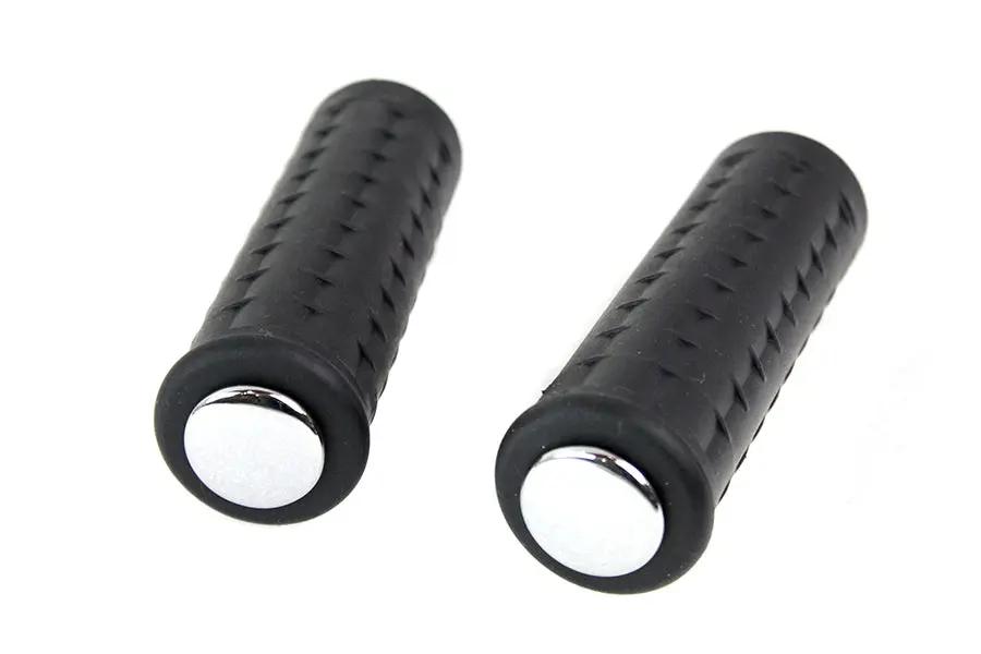 V-Twin Replica Black Waffle Handlebar Grip Set with Chrome Plugs for Harley Davidson by V-Twin