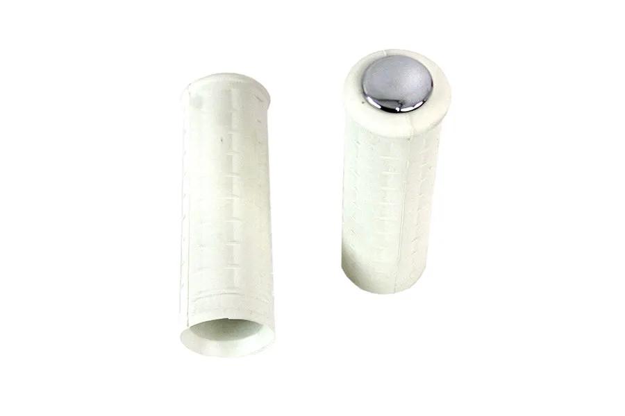 V-Twin Replica White Waffle Style Grip Set with Chrome Plugs - Fits Harley Davidson Models by V-Twin