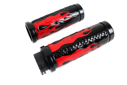 V-Twin Red Flame Style Grip Set with Black Ends for Harley Davidson FXST Models by V-Twin