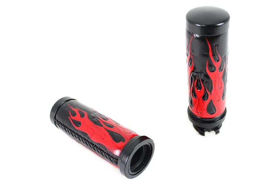 V-Twin Red Flame Style Grip Set with Black Ends for Harley Davidson FXST Models by V-Twin