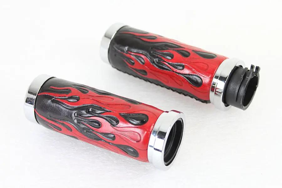 V-Twin Red Flame Style Handlebar Grip Set with Chrome Ends for Harley Davidson FXST (1996-2005) by V-Twin