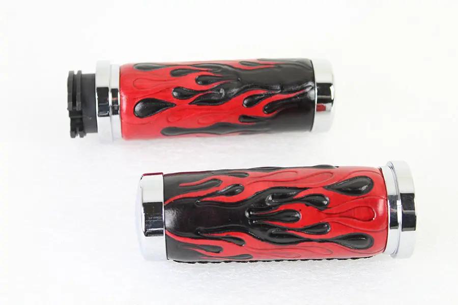 V-Twin Red Flame Style Handlebar Grip Set with Chrome Ends for Harley Davidson FXST (1996-2005) by V-Twin