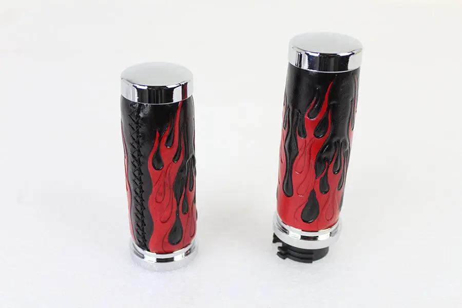 V-Twin Red Flame Style Handlebar Grip Set with Chrome Ends for Harley Davidson FXST (1996-2005) by V-Twin