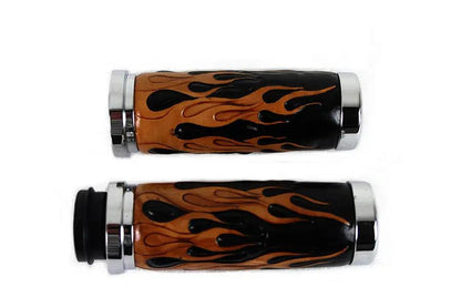 V-Twin Amber Flame Style Throttle By Wire Grip Set with Chrome Ends for Harley Davidson FLT Models by V-Twin