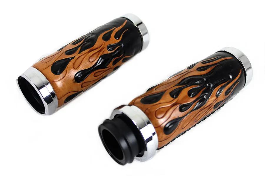 V-Twin Amber Flame Style Throttle By Wire Grip Set with Chrome Ends for Harley Davidson FLT Models by V-Twin
