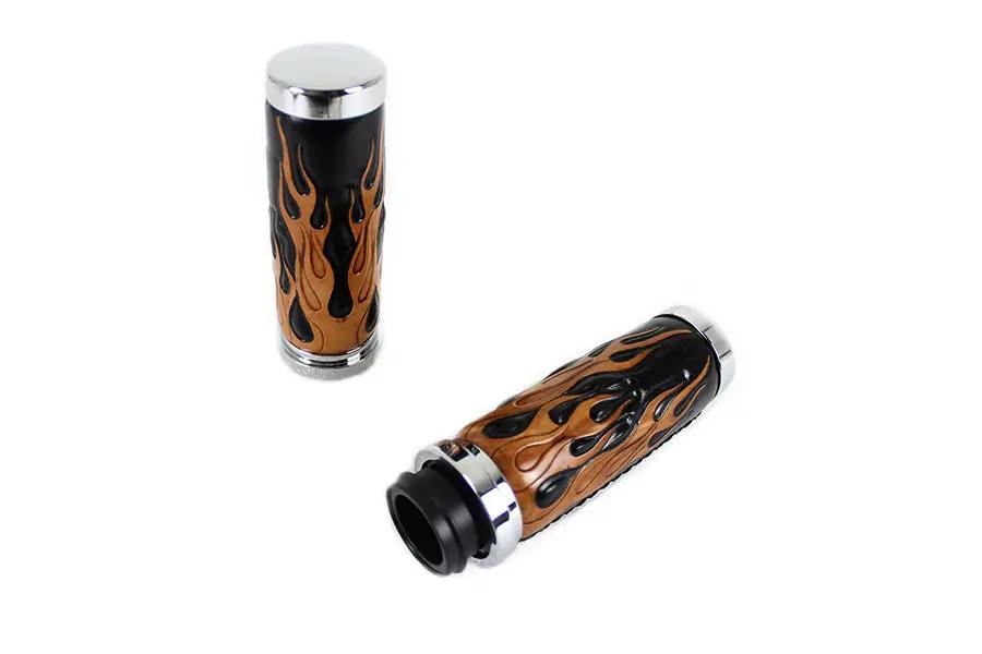 V-Twin Amber Flame Style Throttle By Wire Grip Set with Chrome Ends for Harley Davidson FLT Models by V-Twin