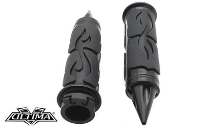 Ultima Spiked Flame Grip Set Black with Raised Rubber Flames and Aluminum Finish – Part #35-205 by Ultima