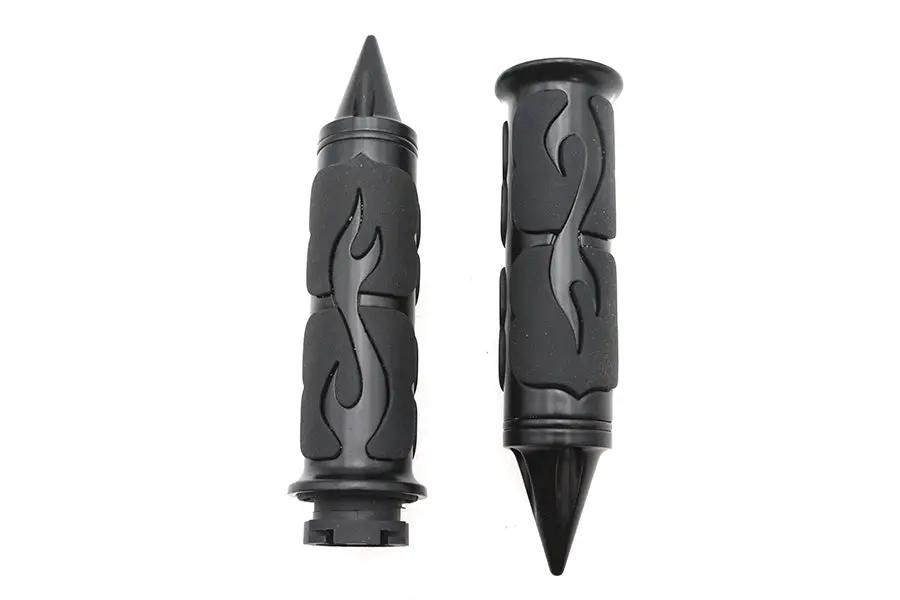 Ultima Spiked Flame Grip Set Black with Raised Rubber Flames and Aluminum Finish – Part #35-205 by Ultima