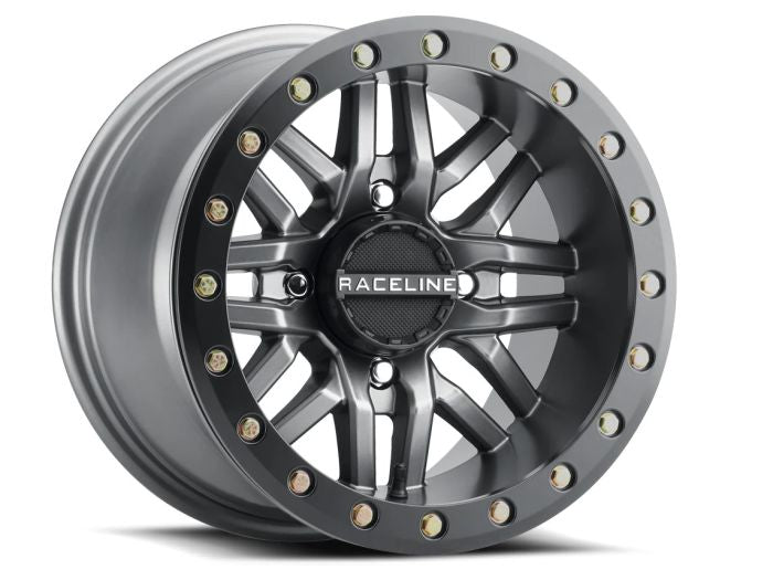RACELINE Bl Ryno Gun Metal with Black Ring 15x7 Inch Wheels - 4x156 Bolt Pattern (5+2) for Enhanced Performance