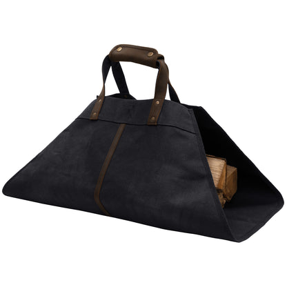 Rothco Backwoods Waxed Canvas Log Carrier Black – Heavy-Duty Firewood Carrying Bag with Leather Handles