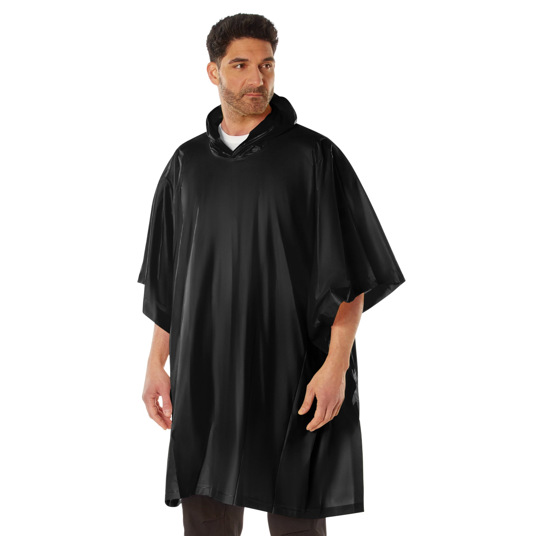 Rothco Black Vinyl Rain Poncho with Hood - Heavy-Duty Waterproof Cover for Outdoor & Emergency Use