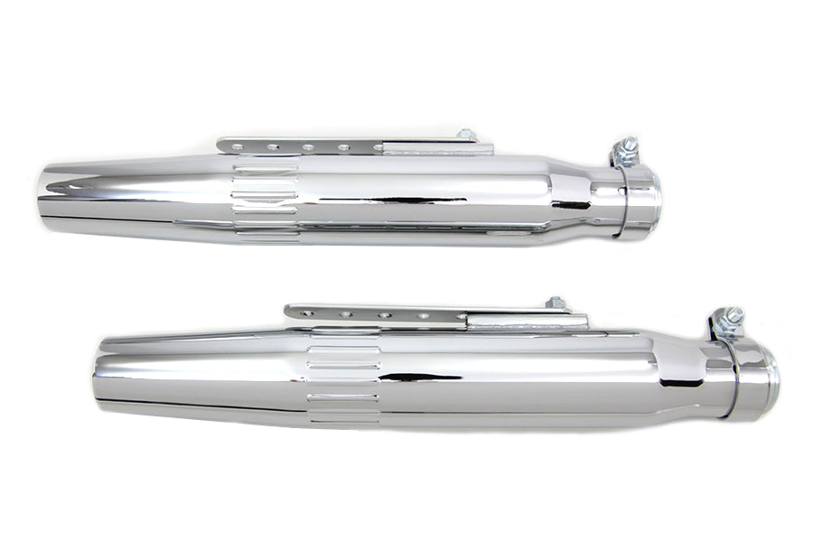 V-Twin Wyatt Gatling Tapered Muffler Set - 2-1/2 Inch Outer Diameter, Embossed Speed Lines for Harley Davidson Motorcycles