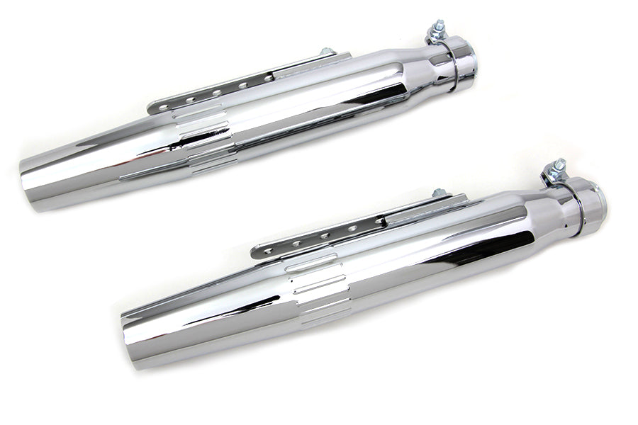 V-Twin Wyatt Gatling Tapered Muffler Set - 2-1/2 Inch Outer Diameter, Embossed Speed Lines for Harley Davidson Motorcycles