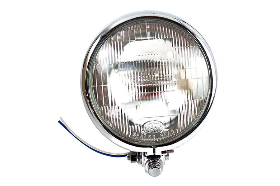 V-Twin 5-3/4 Inch Round Headlamp Assembly Chrome - Decorative Motorcycle Headlamp with Indicator Bulb and Mounting Hardware