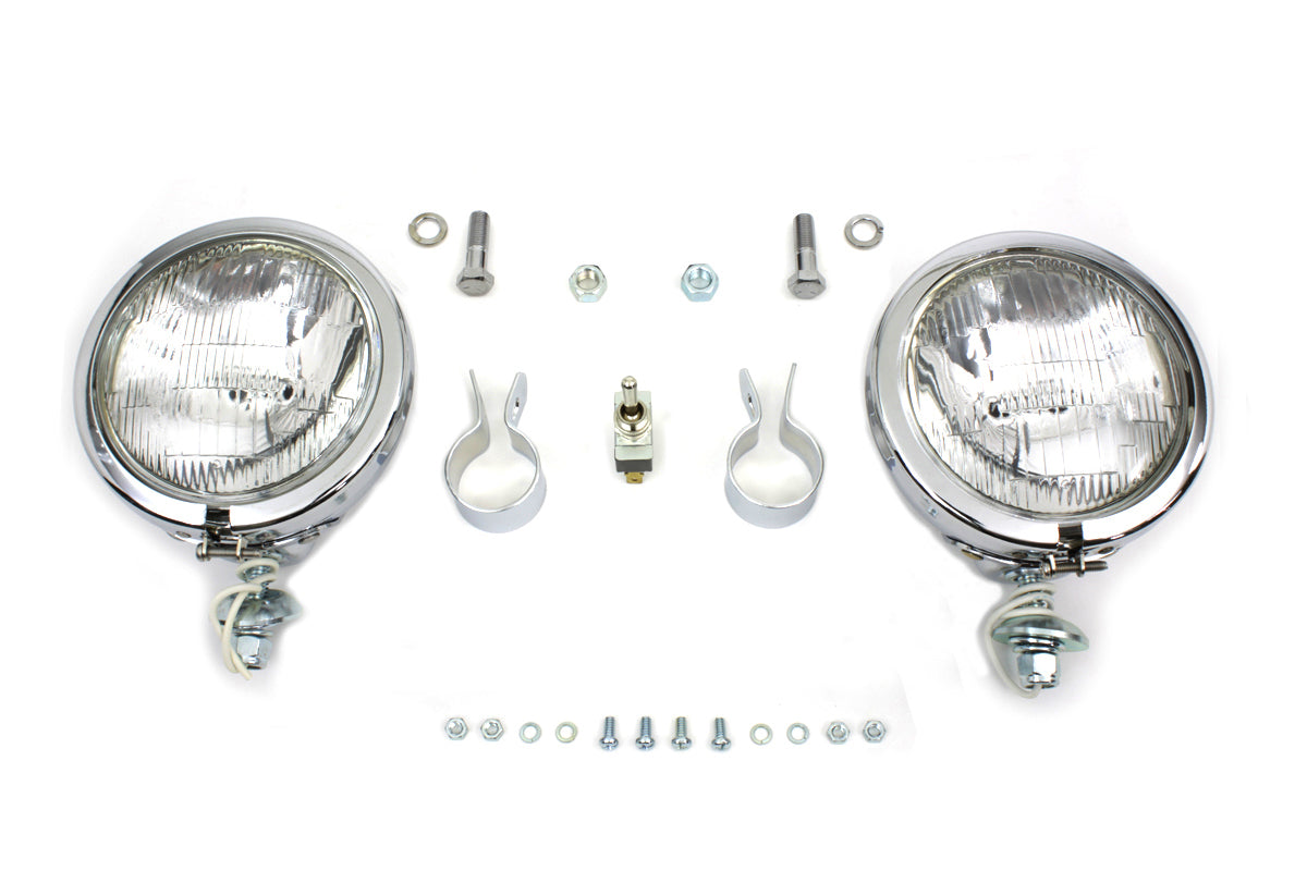 V-Twin 12 Volt 4-1/2 Inch Chrome Spotlamp Kit with Mounting for 1-1/4 Inch Front Engine Bar