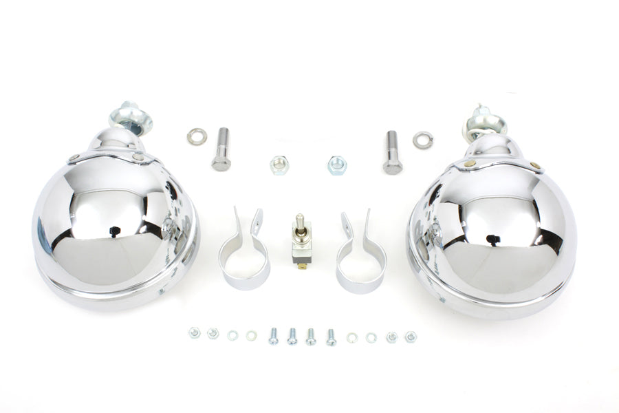 V-Twin 12 Volt 4-1/2 Inch Chrome Spotlamp Kit with Mounting for 1-1/4 Inch Front Engine Bar