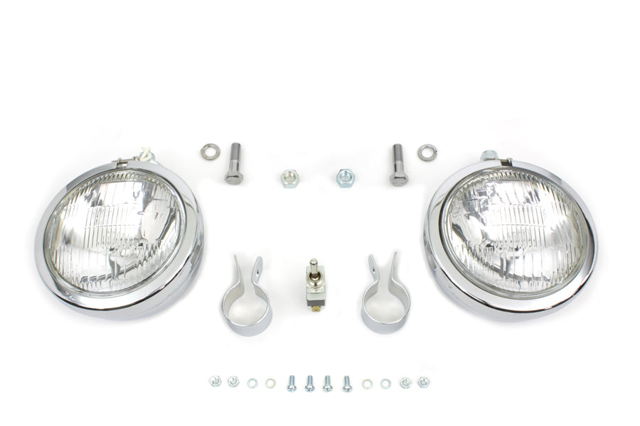 V-Twin 12 Volt 4-1/2 Inch Chrome Spotlamp Kit with Mounting for 1-1/4 Inch Front Engine Bar