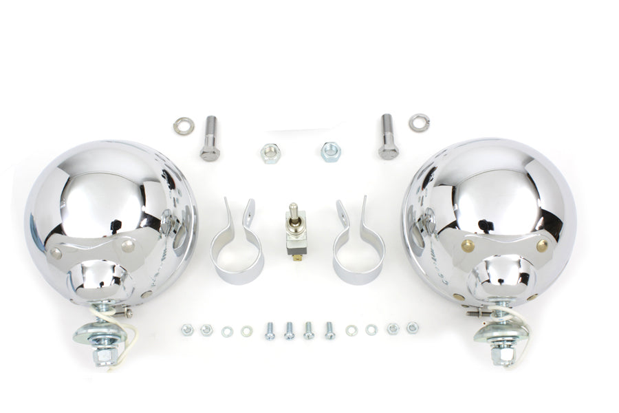V-Twin 12 Volt 4-1/2 Inch Chrome Spotlamp Kit with Mounting for 1-1/4 Inch Front Engine Bar