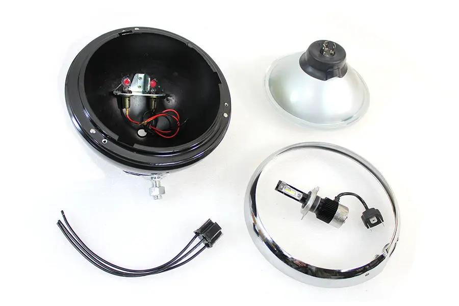 V-Twin 7 Inch 12 Volt LED Headlamp with Black Finish and Chrome Rim for Harley Davidson FL by V-Twin