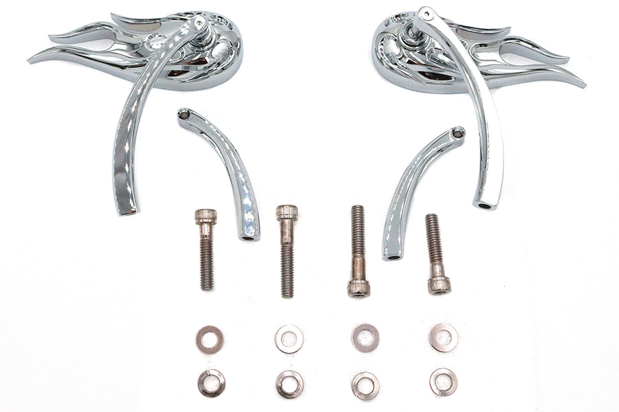 Wyatt Gatling Fireball Chrome Mirror Set with Billet Curved Stems for Harley Davidson