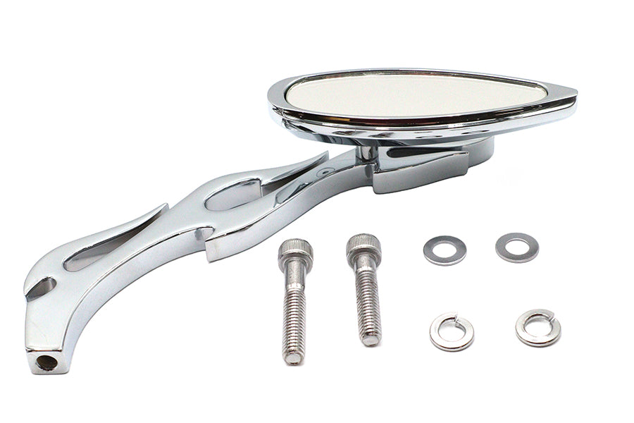 Wyatt Gatling 76408B3 Chrome Teardrop Mirror with Flame Style Billet Stem for Harley Davidson