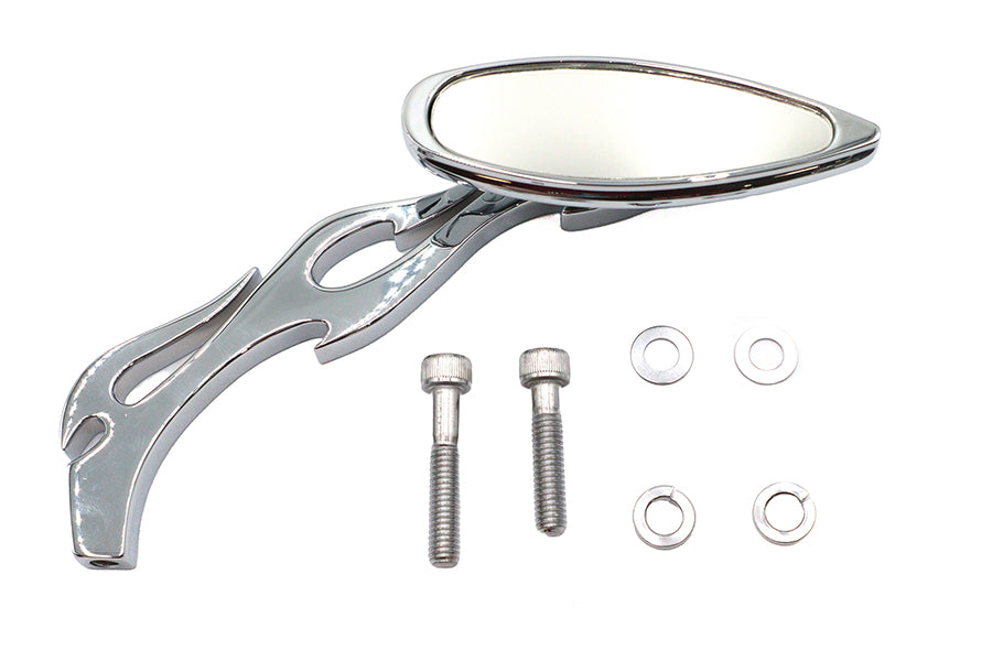 Wyatt Gatling 76408B3 Chrome Teardrop Mirror with Flame Style Billet Stem for Harley Davidson