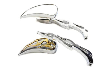 Wyatt Gatling Chrome Billet Teardrop Mirror Set with Gold Flame Inlay for Harley Davidson 1965-1974 by Wyatt Gatling