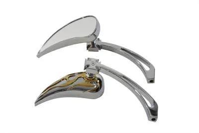 Wyatt Gatling Chrome Billet Teardrop Mirror Set with Gold Flame Inlay for Harley Davidson by Wyatt Gatling