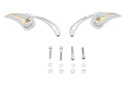 Wyatt Gatling Chrome Billet Teardrop Mirror Set with Gold Flame Inlay - Fits Harley Davidson 1965-1974 by Wyatt Gatling