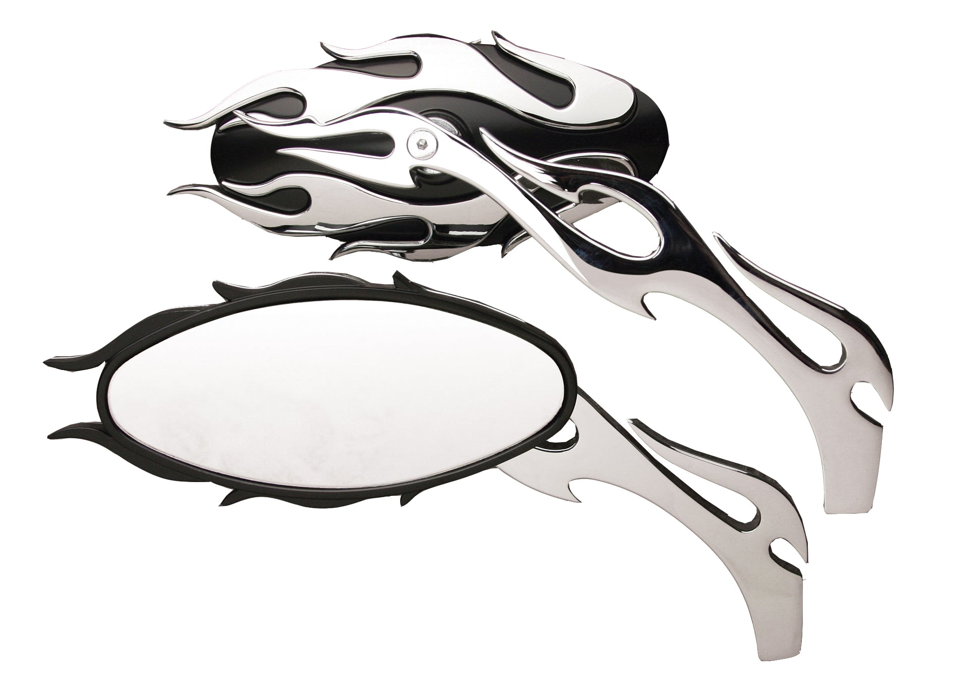 Ultima Black Fireball Mirror Set with Chrome Flames and Flame Shaped Stems