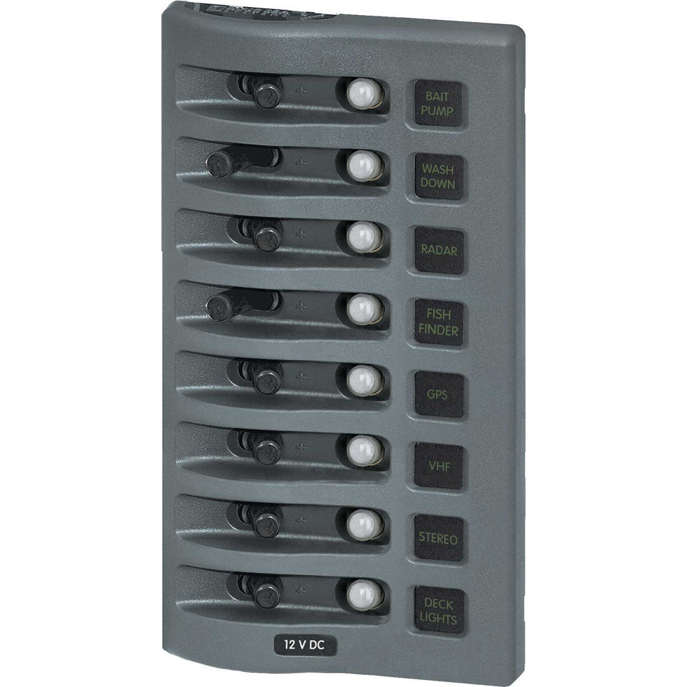 Blue Sea Systems WeatherDeck Water Resistant Circuit Breaker Panel – 8 Position, Gray