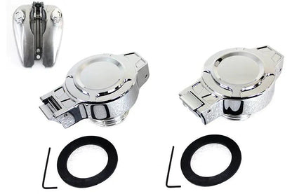 Wyatt Gatling Flip Up Gas Cap Set Chrome – Fits Harley Davidson FLST and FXST (Part #78470+78471) by Wyatt Gatling