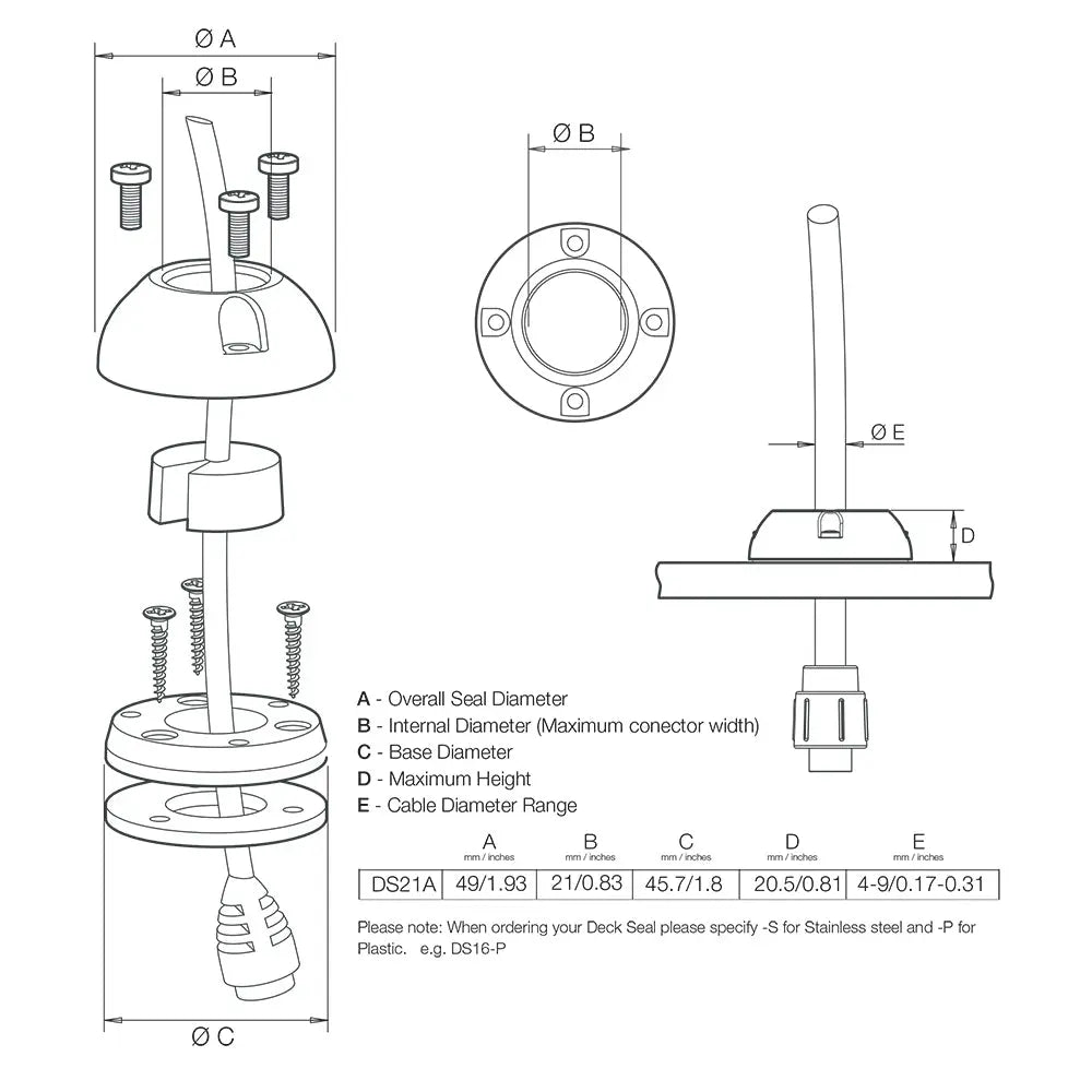 Scanstrut DS21A-S Vertical Cable Seal - Stainless Steel Waterproof Cable Gland for Marine and Industrial Applications
