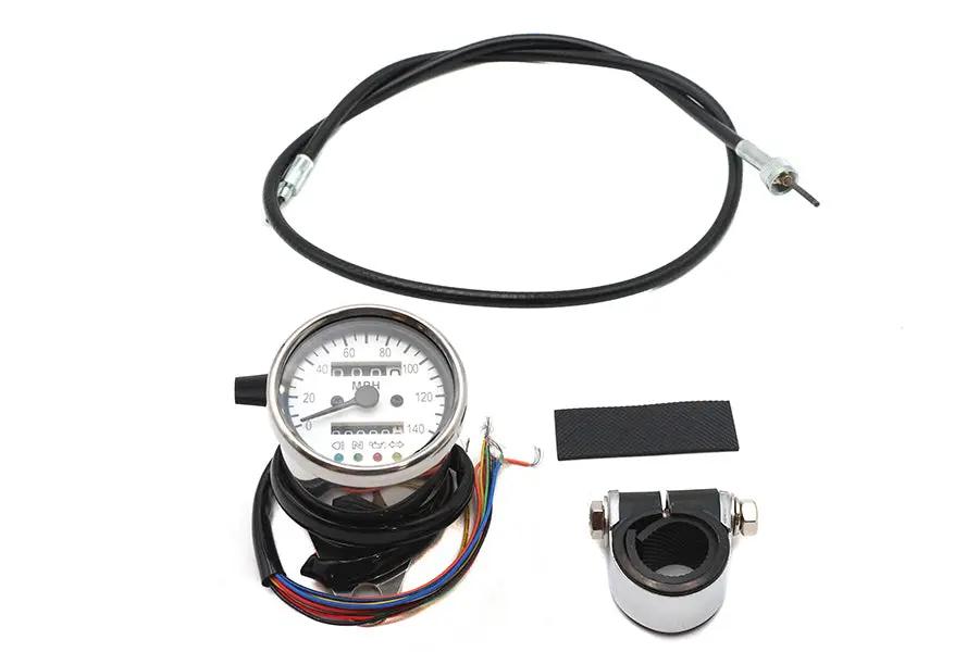 V-Twin Mini 60mm Speedometer with 2:1 Ratio – 38-1/2 Inch Black Speedometer Cable and LED Indicators by V-Twin
